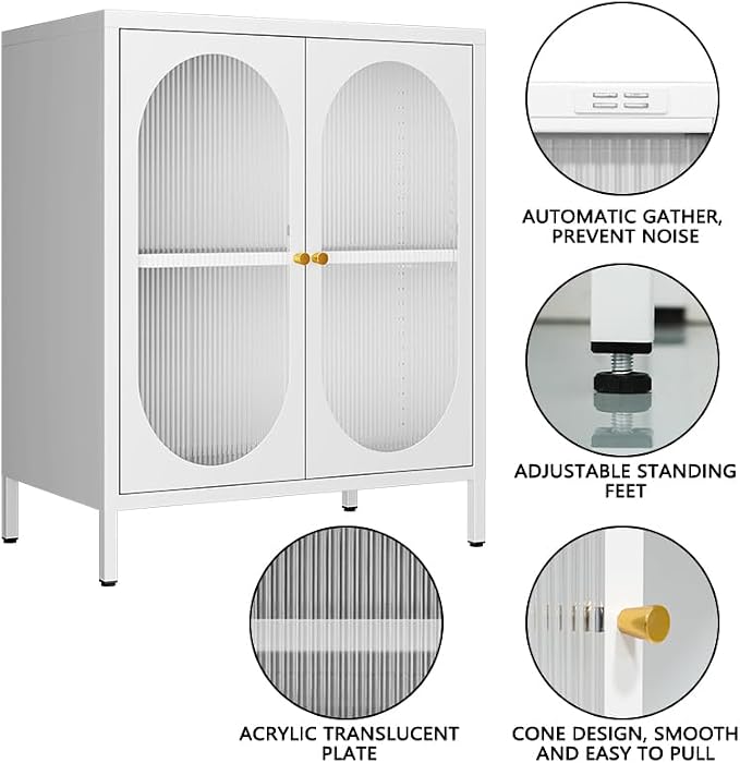 2 Translucent Door Metal Accent Storage Cabinet for Home, Living Room,Office Room,Kitchen-Metal Locker Cabinet with 1 Adjustable Shelves-2-Tier (White)