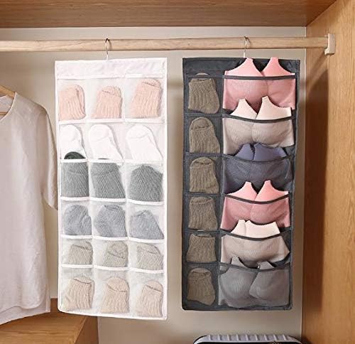 Closet Hanging Organizer with Mesh Pockets & Rotating Metal Hanger,Dual Sided Wall Shelf Wardrobe Storage Bags,Oxford Cloth Space Saver Bag for Bra Underwear Underpants Socks (gray)