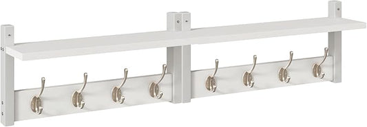 YMYNY Coat Rack Wall Mount with Shelf and Hooks, White UHWS001W-2 | 2 Pack Wooden Wall Mounted Coat Hanger with Shelf and 8 Double Hooks, Wall Coat Rack for Entryway Hallway Bedroom Bathroom