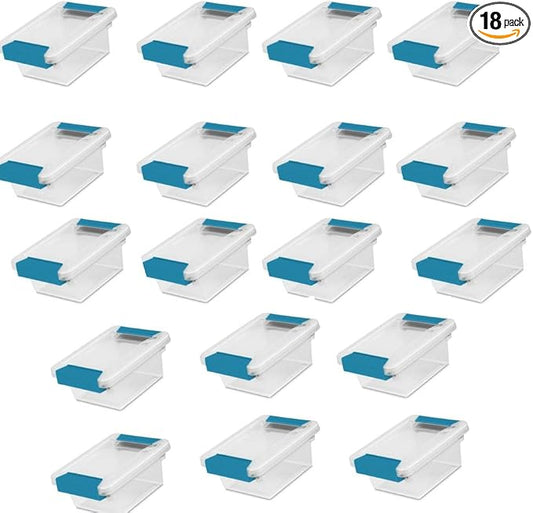 Sterilite 18-Pack Clip Box, Stackable Clear Plastic Bins with Latching Lids, Mini - Writing, Arts or Crafts Supplies Storage Containers for Home, Office, Classroom and Workshop Organization