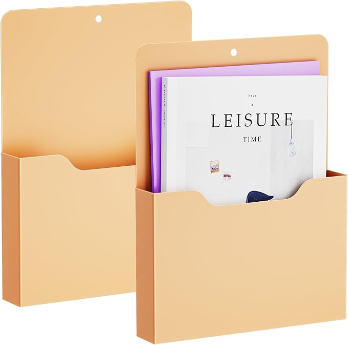 Marbrasse 2 Pack Magnetic File Holder - Paper Holder, Pocket Organizer,Hanging Wall File Organizer Office Supplies Storage, Magazine Mail Organizer Case for Notebooks,Planners,Letter (Orange)
