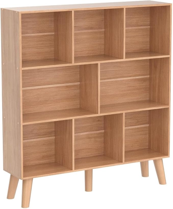 LEYAOYAO 8 Cube Bookshelf, Mid-Century Modern Book Shelf with Legs, Natural | 3 Tier Bookcase, Rustic Wood Bookshelves Freestanding Large Storage Organizer, Open Shelves for Bedroom, Living Room, Office