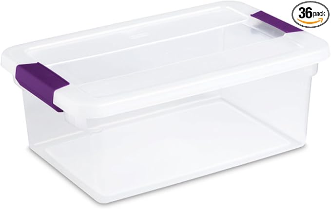 Sterilite ClearView Latch Boxes, Storage Bins with Lids, 15 Quart, 36-Pack | Clear Plastic Organizers with Color Accent Latches for Closet, Bedroom, Shelving Units, Dorm Room and Home Organization