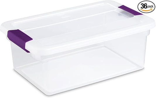 Sterilite ClearView Latch Boxes, Storage Bins with Lids, 15 Quart, 36-Pack | Clear Plastic Organizers with Color Accent Latches for Closet, Bedroom, Shelving Units, Dorm Room and Home Organization