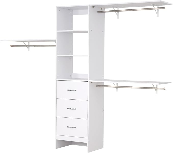 VEVOR Closet System with 3 Drawers, Adjustable Height Wooden Closet Organizers, Modern Walk-in Wardrobe Organization with 3 Retractable Clothes Hanger Rods, Freestanding Garment Rack Storage, White