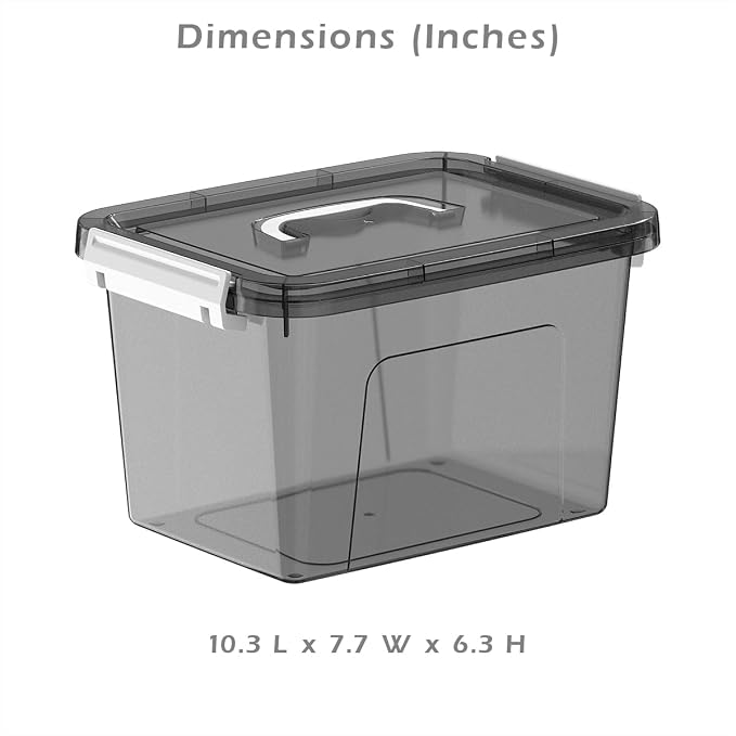 6 Quart Stackable Plastic Storage Bins with Lids, 6 Pack Clear Black Small Organizer Boxes with Latches for Bathroom, Pantry, Office Desk and Small Item Storage