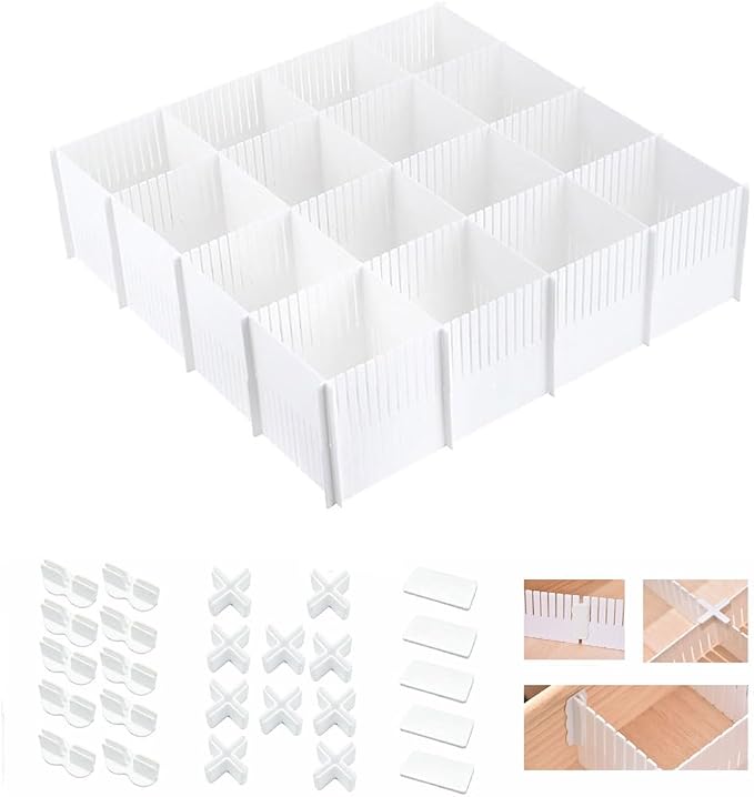 Adjustable Plastic Drawer Separators, 15 PCS Dividers + 25 Connectors, 14.96" Length x 4.33" Height, Cuttable Storage Organizer for Socks, Garments, Kitchen Tools, Bedroom & Bathroom Drawers