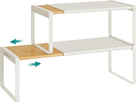 SONGMICS HOME Spice Racks, Expandable Cupboard Shelf Orgnizers, Kitchen Counter Shelves, Bamboo and Metal, Space-Saving Shelving, Stackable, Light Bamboo and Cream White UKCS051N01