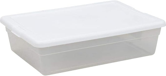 Sterilite 28 Qt Underbed Storage Box, Stackable Bin with Lid, Plastic Container to Organize, Bedroom, Clear Base and White Lid, 1-Pack