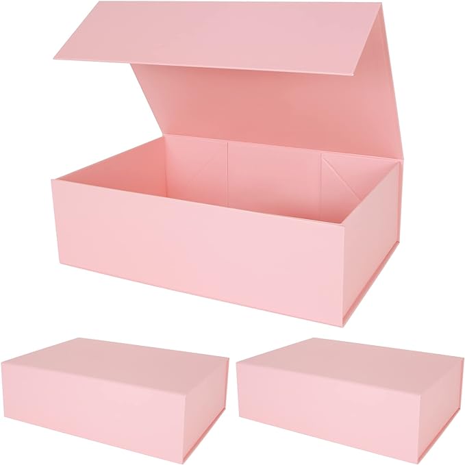 Aimyoo Pink Collapsible Gift Box with Magnetic Closure Lids 13.8x9x4.3 in, Bridesmaid Groomsmen Proposal Box, Large Rectangle Box for Present Graduation Storage 3 Pack