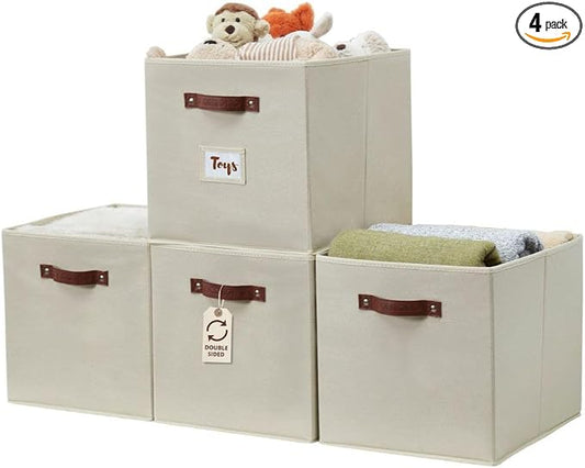 DECOMOMO Storage Bins, Storage Baskets for Shelves | 13" x 15" x 13" Storage Cube Bins with Labels for Organizing Shelves (Kallax, 4pcs, Beige)