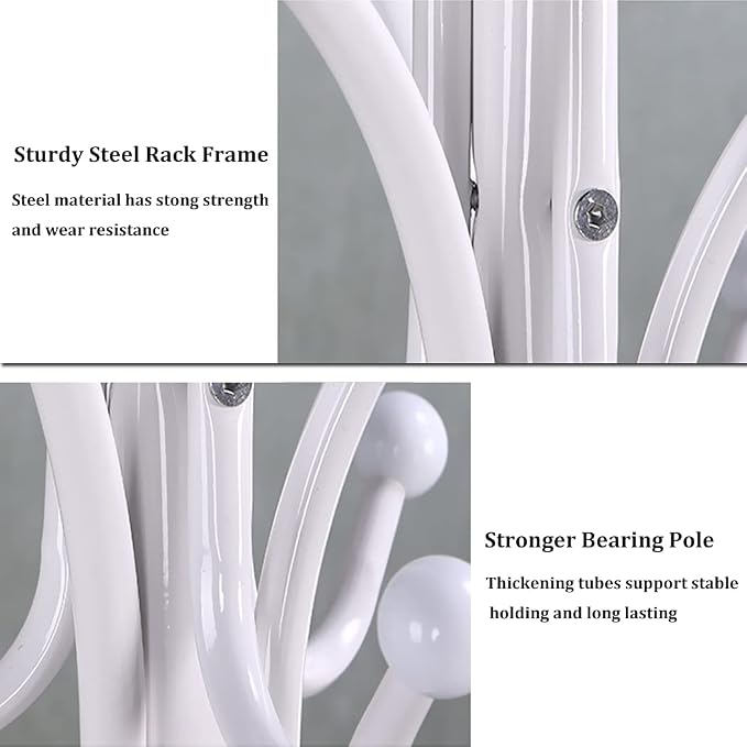 Kertnic Freestanding Coat Rack Stand, Heavy Duty Metal Hall Tree with 12 Hooks, 70 Inch Tall Stable Coat Hanger with 14.6" Natural Marble Base, Entryway Organizer for Coats Bags Hats Purses (White)