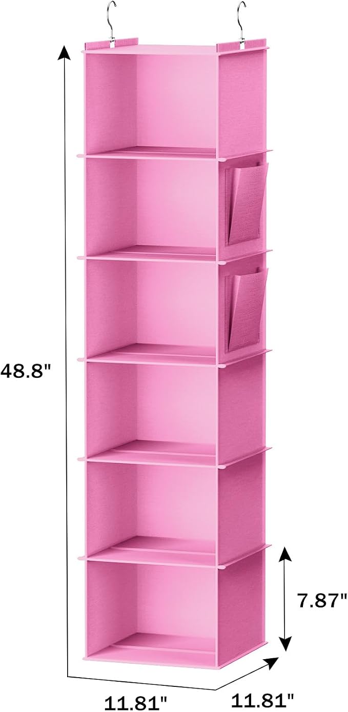 YOUDENOVA Hanging Closet Organizer and Storage, 6-Shelf Closet Hanging Storage Shelves, Light Pink