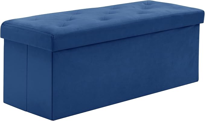 BRIAN & DANY 43 Inches Folding Storage Ottoman Bench, Velvet Ottoman with Storage for Living Room, Bedroom, Entryway, Ottoman Foot Rest, End of Bed Bench (Blue)