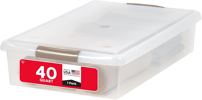 IRIS USA 40 Qt. Under Bed Storage Bin with Lids, Gray/Clear | Stores clothing, shoes, bedding, and seasonal items with secure protection under beds
