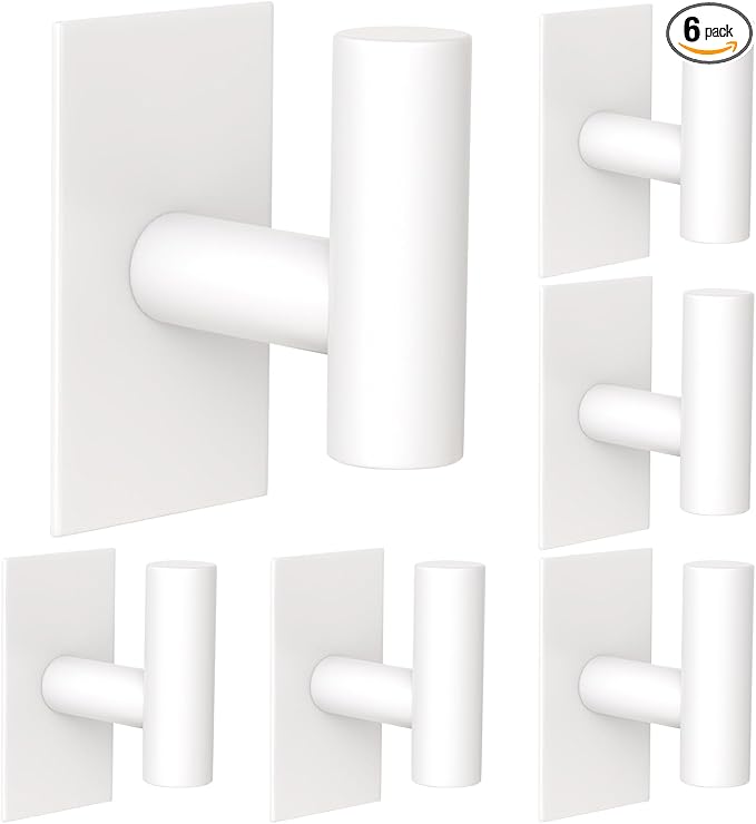 VAEHOLD Wall Towel Hooks, Heavy Duty Sticky Holder Waterproof Towel Hooks for Hanging Coat, Clothes, Closet Hook Wall Mount for Kitchen (White, 6 Pack)