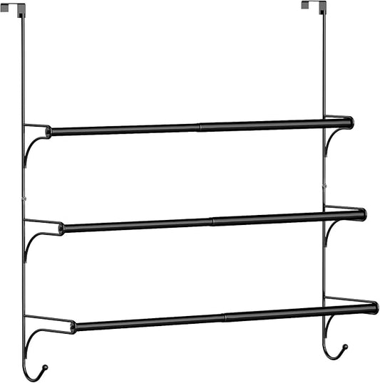 Auledio Adjustable Over the Door Triple Towel Rack with Hooks,Black