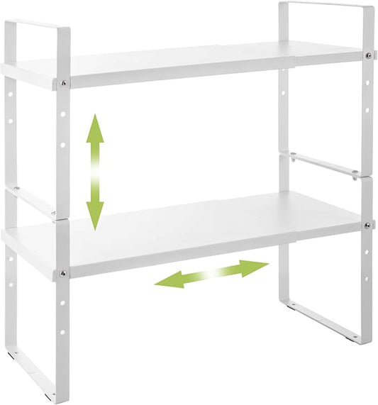 Across-Star Expandable Cabinet Shelf Organizer Rack, Stackable Kitchen Counter Storage Shelves Stand, Adjustable Height Pantry Shelf Spice Rack (White, 2 Pack)