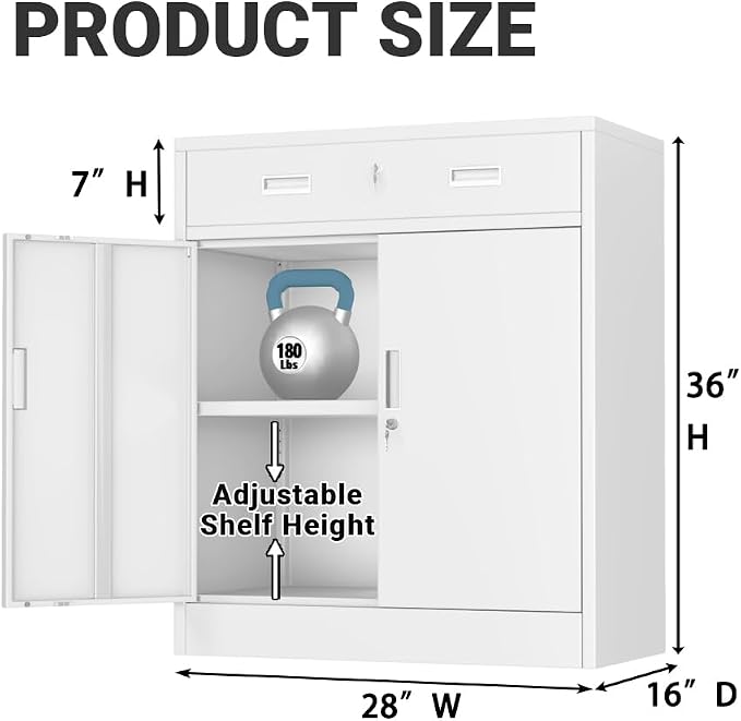CJF Metal Storage Cabinet, Locking Storage Cabinet with 1 Drawer and Adjustable Shelf, 36" H x 28" W x 16" D White Metal Cabinets for Office, Home, Garage