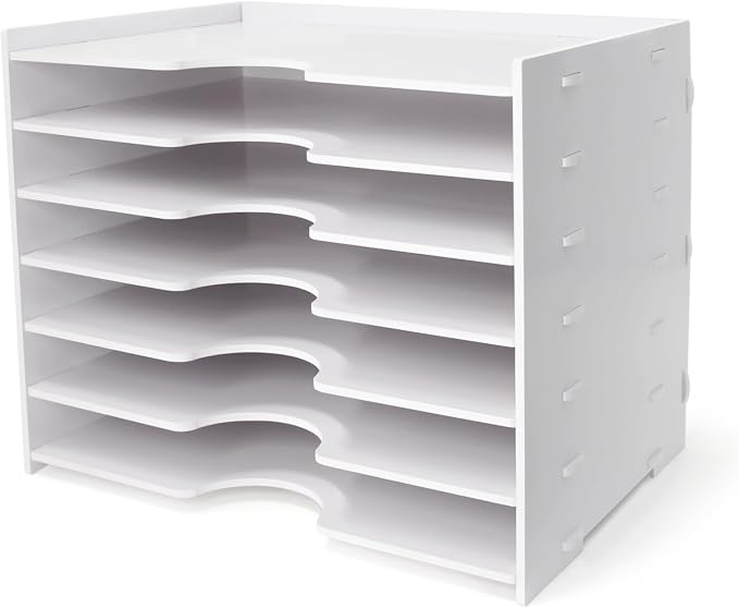 SONGWAY File Organizer for Desk - 7 Tier Wide Document Holder, Letter Mail Tray Storage Rack, A4 Paper Storage Holder, Desktop Organizer for Home Office School, White