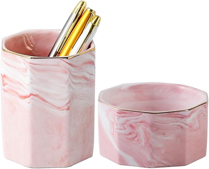 Desk Organizer Set of 2 For Office, Pen Holder and Paper Clip Holder, Ceramic Cute Pencil Cup for Desk, Paper Clip Dispenser for Desktop, Makeup Brush Holder Ideal Gifts for Women, Mom (Pink)