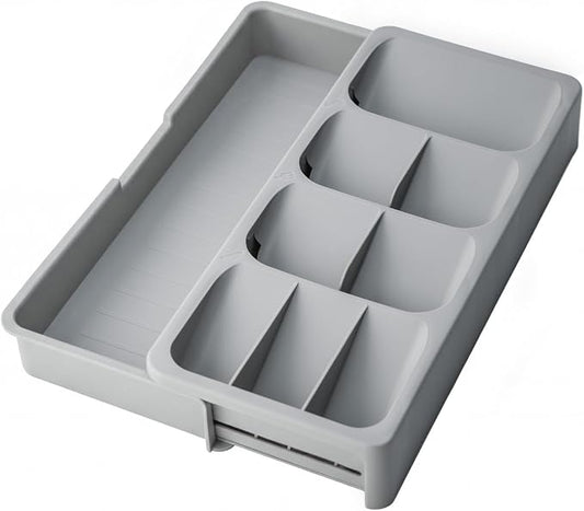 Expandable Silverware Organizer Tray, Adjustable Utensil Holder | Expandable drawer tray with divided compartments for cutlery, utensils, kitchen gadgets, office supplies and craft tools