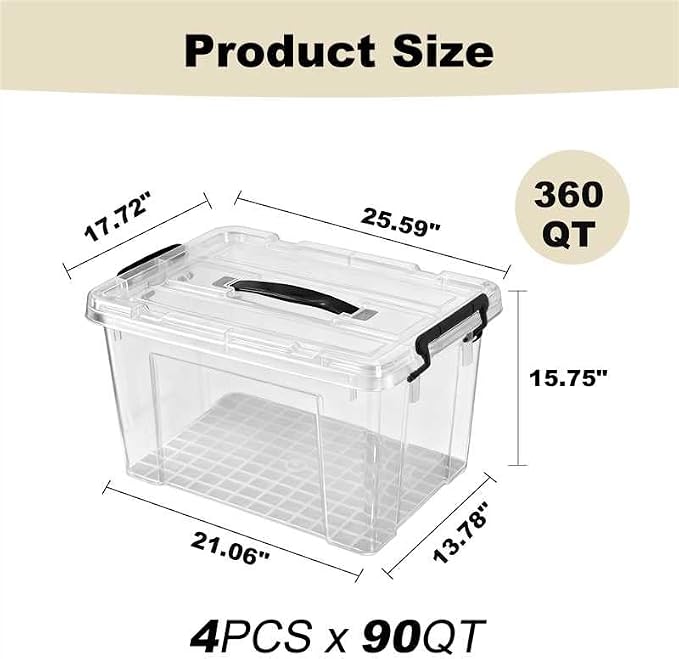 4 Pack 90 QT Plastic Storage Bins with Lids | Clear Stackable Bins with Secure Latches and Handles Heavy-Duty Storage Containers For Home Office and Garage Organization