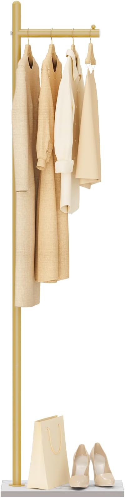 Yawinhe Metal Coat Racks with Square Base,L-Shaped Clothes Stand,Golden | Freestanding Hall Tree for Bedroom;Clothes Hanger Stand Suitable for Entryway; Stable Clothing Rack for Hallway
