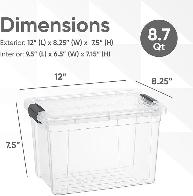 Superio Small Clear Storage Box with Lid, 8.75 Quart Plastic Container Bins for Organizing, Stackable Crates, BPA Free, Non Toxic, Odor Free, Organizers for Home, Office, School, and Dorm