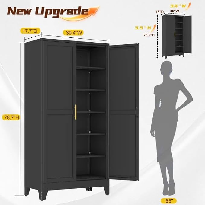 PAOFIN Metal 79“ Kitchen Pantry Cabinet, Pantry Storage Cabinet with Doors and 5 Adjustable Shelves, Freestanding Cupboard Kitchen Cabinet,Tall Cabinet for Living room,Pantry, Bathroom,Kitchen (Black)
