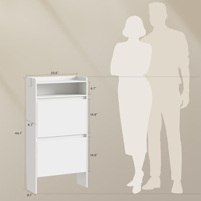 Slim Shoe Cabinet with 2 Flip Drawers & Open Storage, 23.6" W White | Freestanding shoe storage cabinet for entryway,foyer and hallway,Narrow design and space-saving flip drawers
