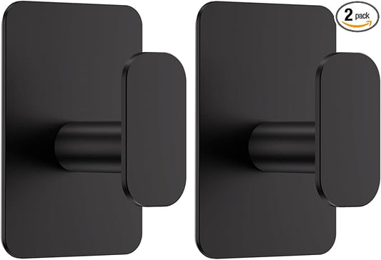 Large Heavy Duty Wall Hooks - 26lb Max, Stainless Steel Adhesive Towel Hooks for Hanging Towel, Coat, Robe, Hat, Sticky Towel Holder for Wall Mount in Bathroom, Shower, Kitchen (Black, 2 Pack)