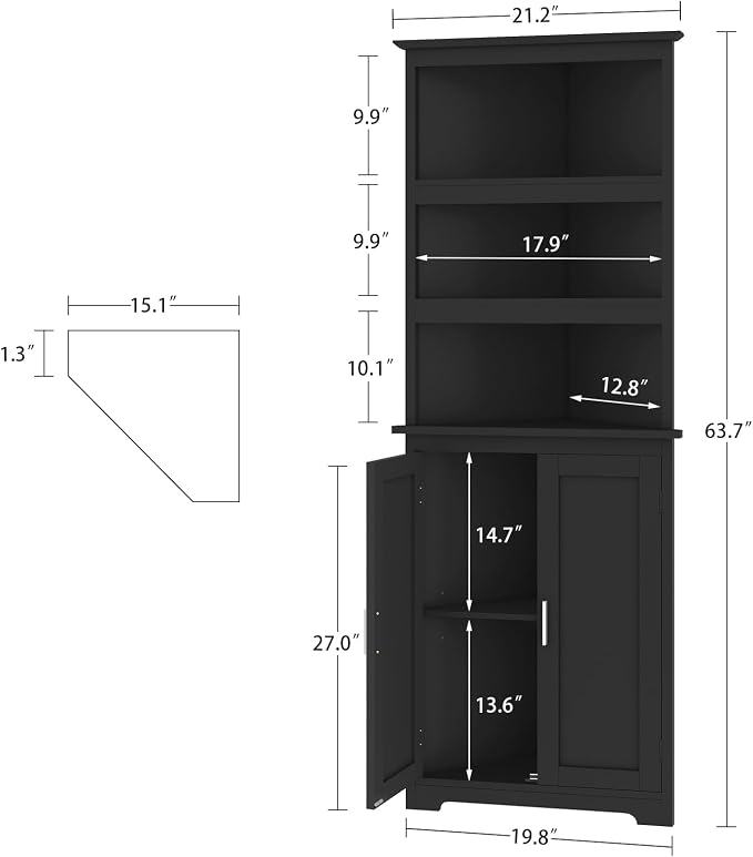 Corner Cabinet, Tall Corner Hutch with 5 Shelves & 2 Doors, Bathroom Cabinet with Adjustable Shelf, for Living Room, Kitchen, Bathroom, Black