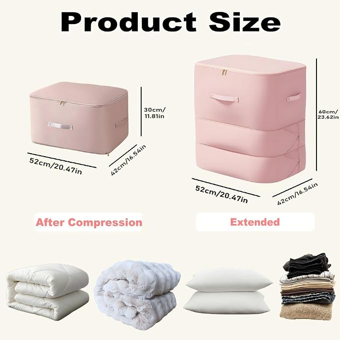 Comforter Storage Bag, Bedding & Blanket Self Compression Storage Organizer | Compression Storage Bag for Blanket Storage, 3-Layer Thick Satin Fabric Heavy Duty Bags for Pillow Duvet (Pink, XL)