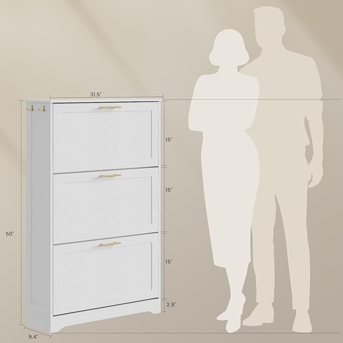 Modern Luxury Shoe Cabinet Organizer with 3 Flip Drawers,31.5" W，White | Freestanding shoe storage cabinet for entryway,foyer and hallway,space-saving flip drawers,Adjustable Shelves & 2 Hooks
