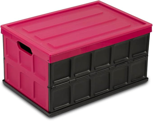 Glad Collapsible Storage Bin with Lid - 48L Foldable Plastic Box for Garage, Car Trunk, and Organization - Stackable Lidded Container with Handles, Purple