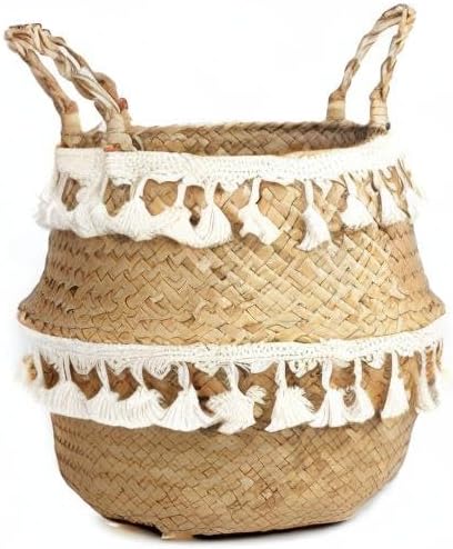 Tassel Macrame Woven Seagrass Belly Basket for Storage, Decoration, Laundry, Picnic, Plant Basin Cover, Groceries and Toy Storage (Large, Tassel)
