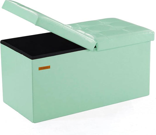 HAUSFRAU Ottoman with Storage Bench Folding Foot Rest Stool Teal | 30", Flip Lid, Faux Leather, Upholstered Foldable Footrest Footstool, Bedroom Bench, Living Room Dorm Ottoman, Rectangle