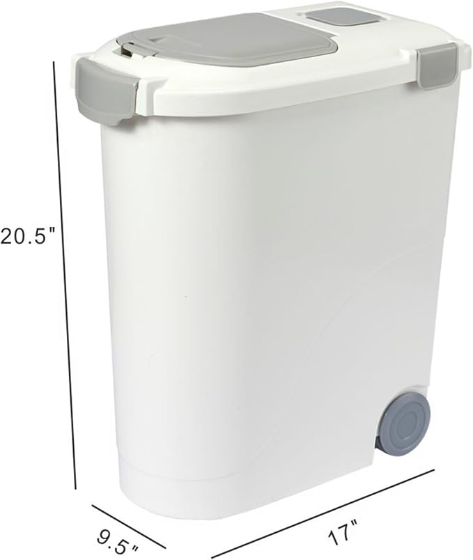 Ashfield & Harkness Airtight Pet Food Storage Container, Holds 30 Lbs | BPA-free HDPE, silicone airtight seal, scoop included, slim white/grey design, 17.5"x9.5"x20", for dog, cat & bird food