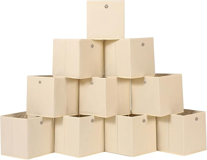 Foldable Storage Cubes Bins ,11 Inch Cloth Storage Cube Fabric Storage Box Cubes Organizer Baskets with Dual Handles for Home Organizer Set of 10 (Creamy-White)