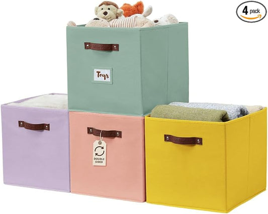 DECOMOMO Storage Bins, Storage Baskets for Shelves | 13" x 15" x 13" Storage Cube Bins with Labels for Organizing Shelves (Kallax, 4pcs, Rainbow)
