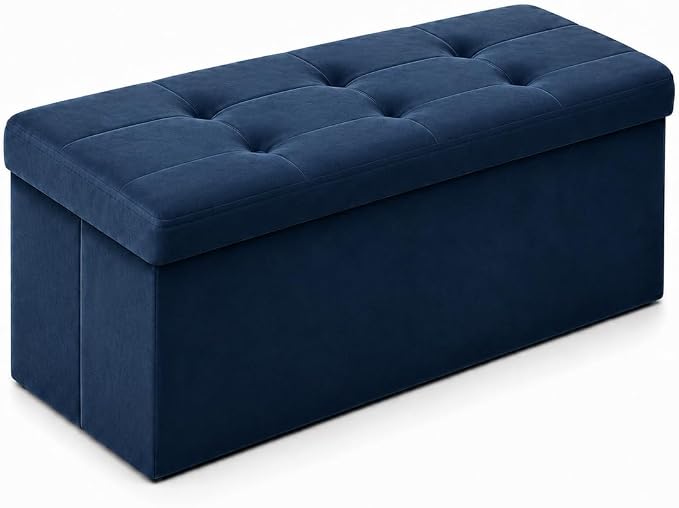 ALASDO 30 Inch Folding Storage Ottoman Bench with Hidden Storage, Velvet Storage Ottoman Foot Rest Stool, End of Bed Bench for Bedroom, Living Room, Entryway and Closet, Navy Blue