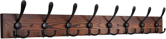 IBosins Wall Mounted Coat Rack, 31.4" Long with 8 Black Rustic Tri-Hooks | Burnt Finish Metal Wood Entryway Hanging Coat Hook Rack for Coat, Bag, Towel, Key, Hat, Umbrella