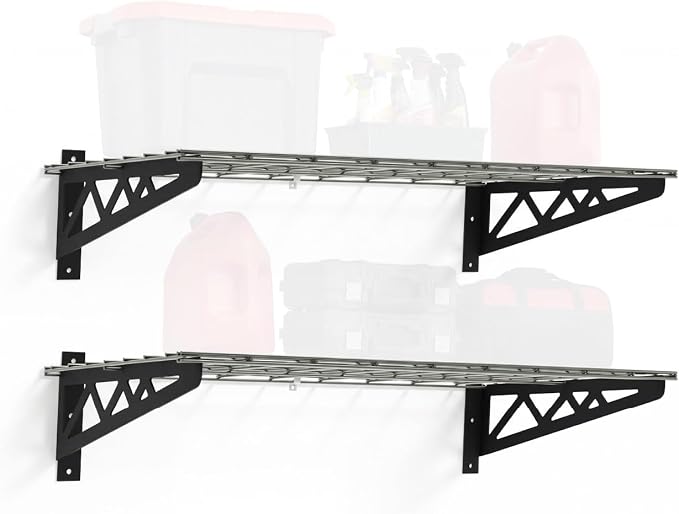 SafeRacks Steel Garage Wall Shelves 2-Pk w/Hooks, 500lb, Hammertone (18x36)