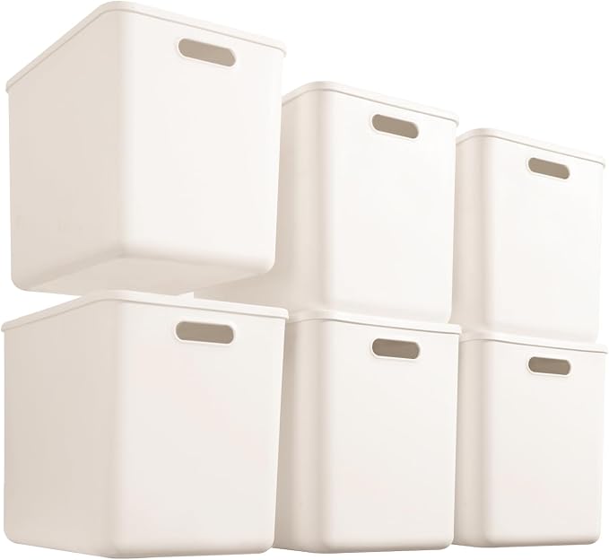 6 pack large plastic White storage bins with Lids, Toy Box Chest with Handle，Organizer Containers Baskets for Baby,Nursery，Shelves，Playroom, Bedroom，Office,Closet，home (White, 6XL)