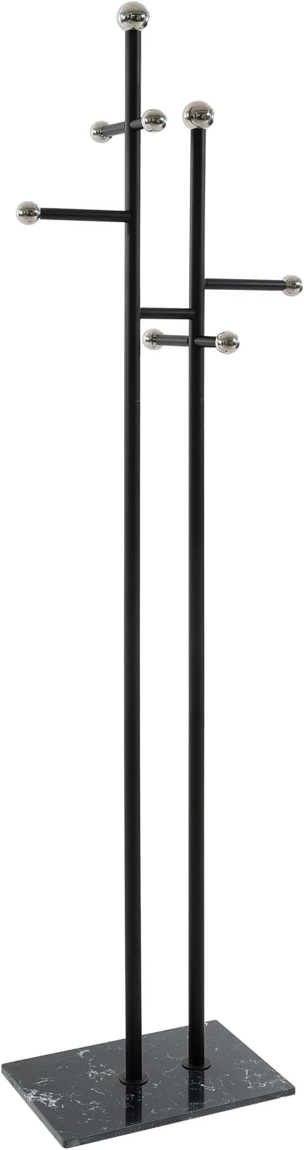 Metal Standing Coat Rack for Entryway Bedroom Living Room (Black) | Easy Assembly, Compact Footprint, Space Saver, Metal Frame, Marble Base, Sturdy, 8 Spherical Hooks, Office, Corner