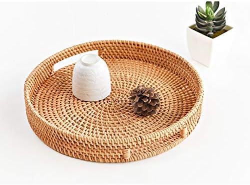 Round Rattan Serving Tray Decorative Woven Ottoman Trays with Handles for Coffee Table Natural (Small 11.8 inch x 2 inch)