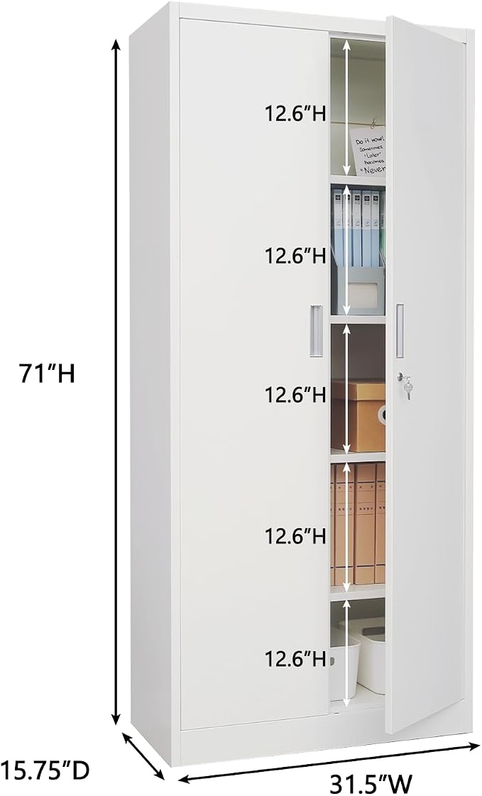 CJF 71" H Metal Storage Cabinet, Locking Cabinet with 2 Doors and 5 Adjustable Shelves, White Tall Cabinet for Garage, Home, Office, Pantry, Workshop, School