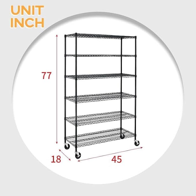 BestOffice Storage Shelves 6 Tier Metal Shelves Adjustable Heavy Duty Garage Shelving Wire Shelving Unit Capacity 6000LBS with Wheels for Kitchen, Garage Pantry Closet Commercial,Black