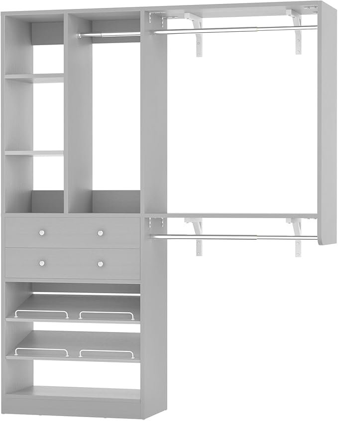Besiost Closet System - 5FT Small Closet System with Drawers, 60" Closet Organizer System with Reversible Hanging Shelving, Closet Systems for Small/Walk-in Closets, Morandi Grey